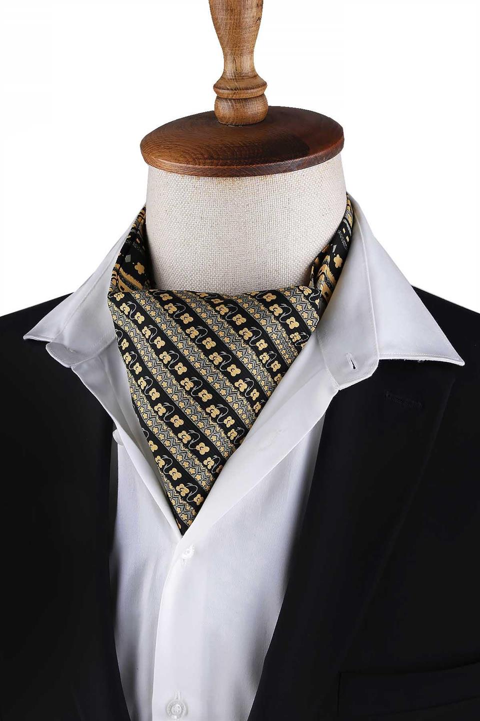 Sarı - Siyah Motif Desen Erkek Ascot Fular K645