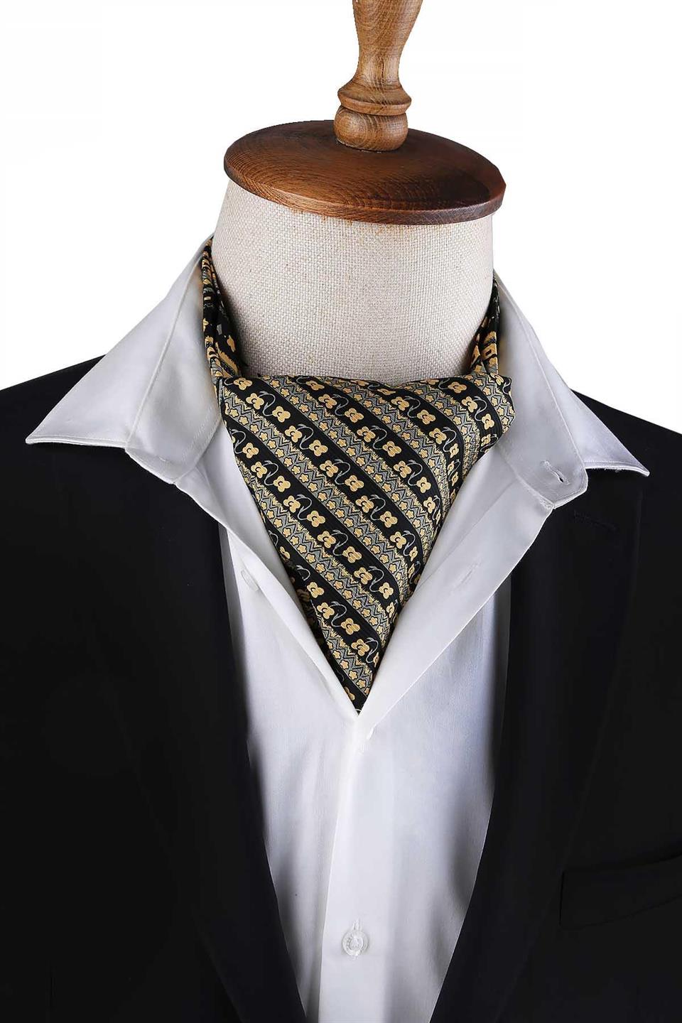 Sarı - Siyah Motif Desen Erkek Ascot Fular K645