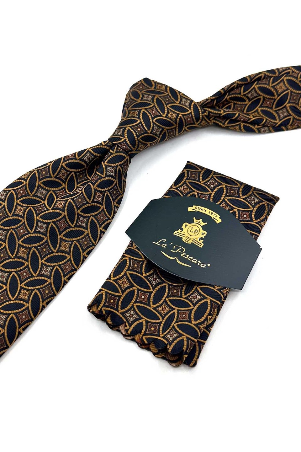 Sarı Siyah Motif Desen Mendilli Klasik Kravat KK13986
