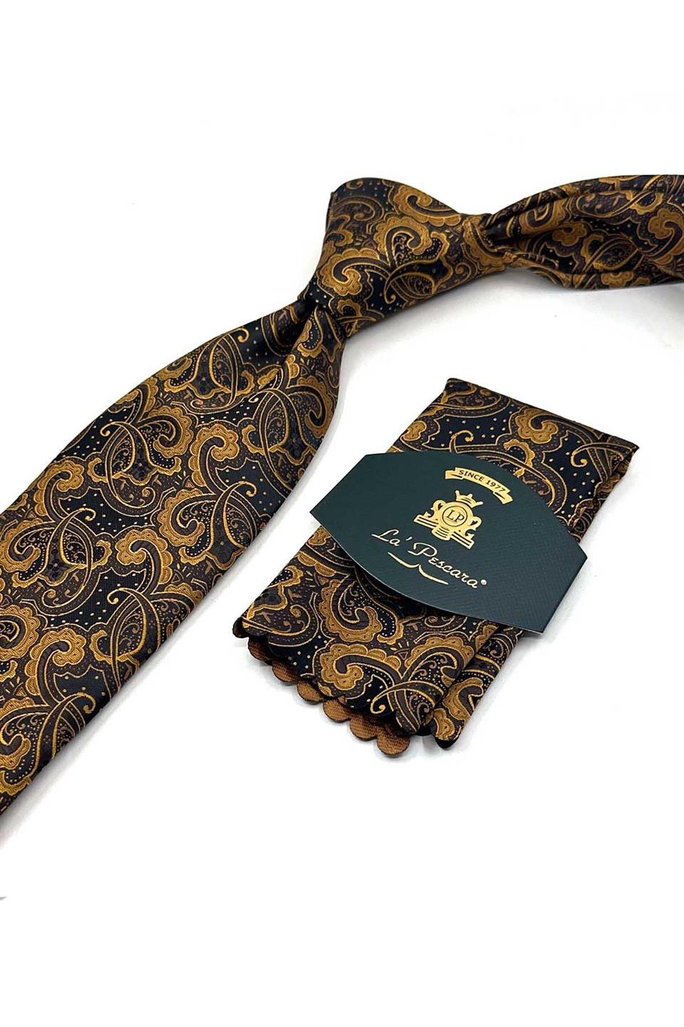 Sarı - Siyah Şal Desen Mendilli Klasik Kravat KK13560