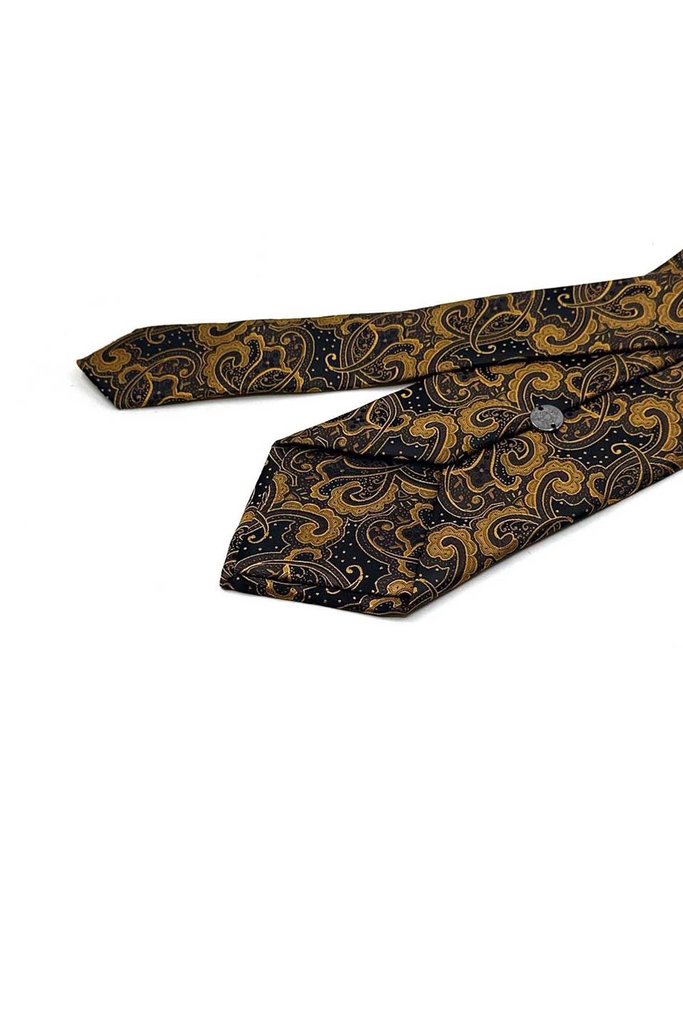 Sarı - Siyah Şal Desen Mendilli Klasik Kravat KK13560