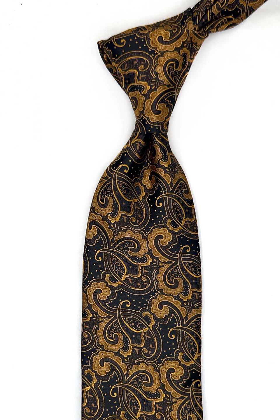 Sarı - Siyah Şal Desen Mendilli Klasik Kravat KK13560