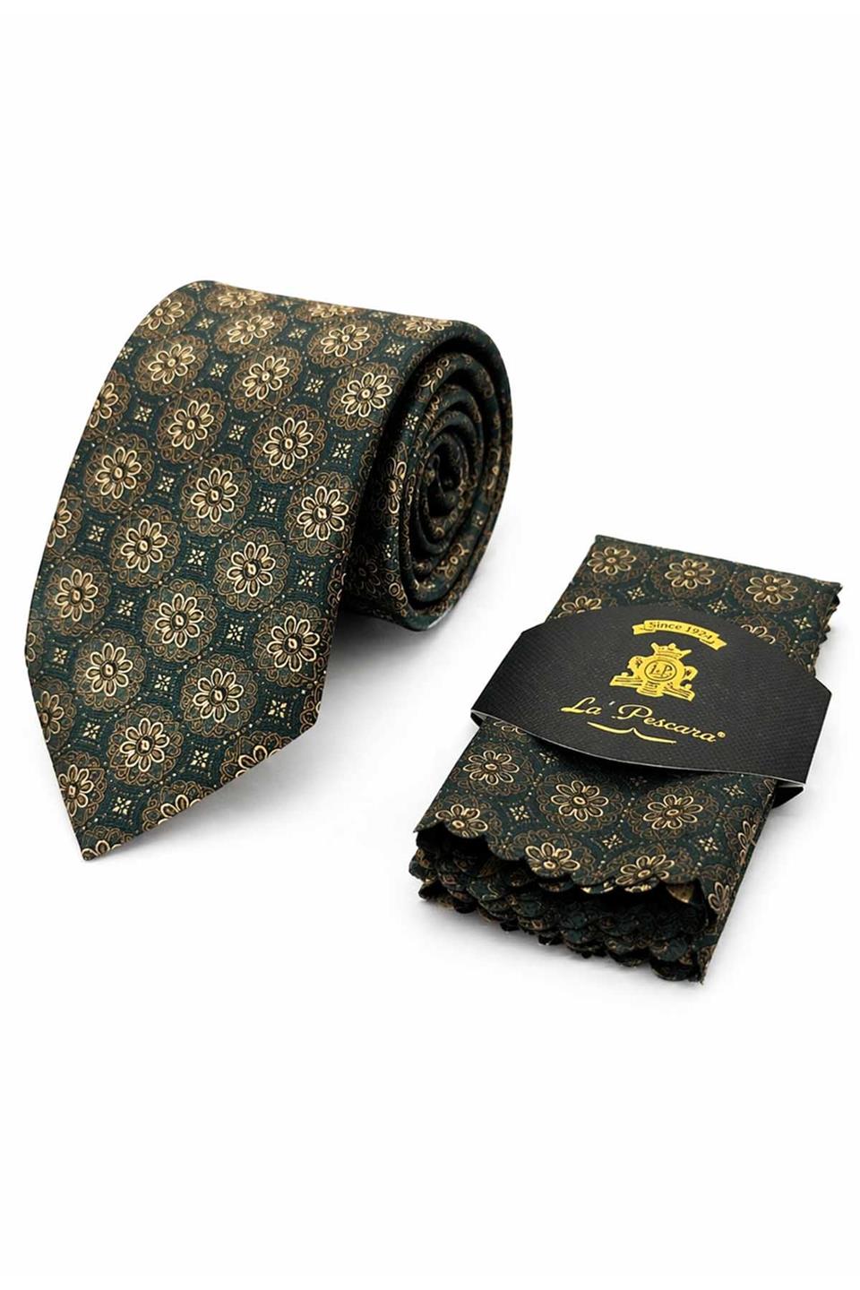 Yeşil - Sarı Motif Desen Mendilli Klasik Kravat KK12680