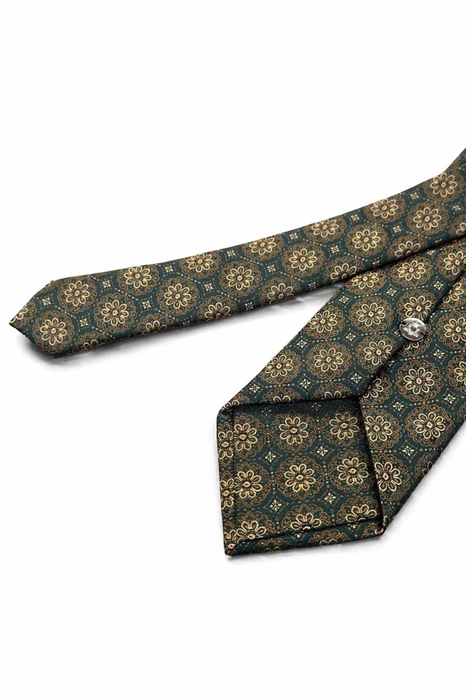 Yeşil - Sarı Motif Desen Mendilli Klasik Kravat KK12680