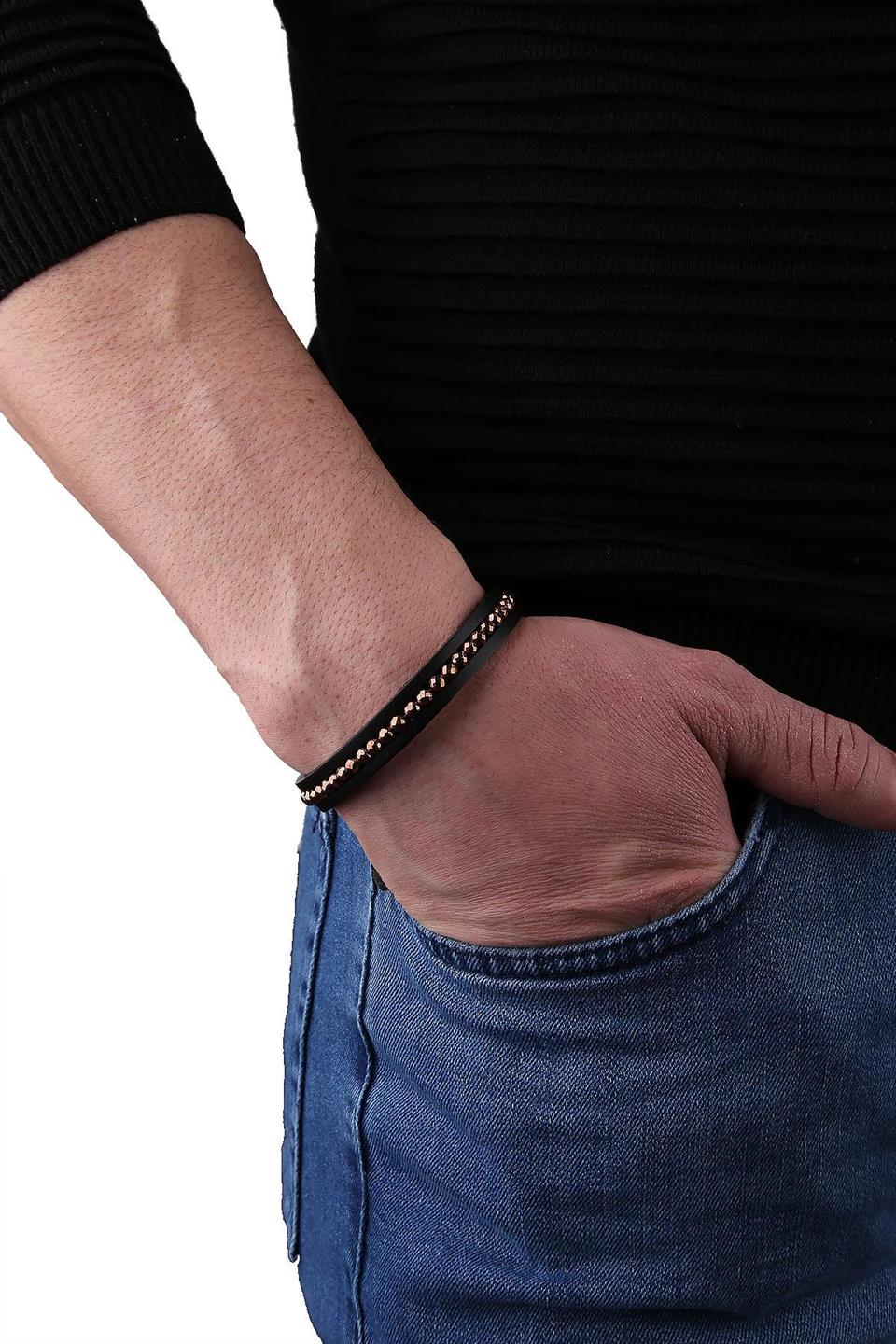 Siyah Bakır Motifli Deri Çelik Erkek Bileklik BLK1641