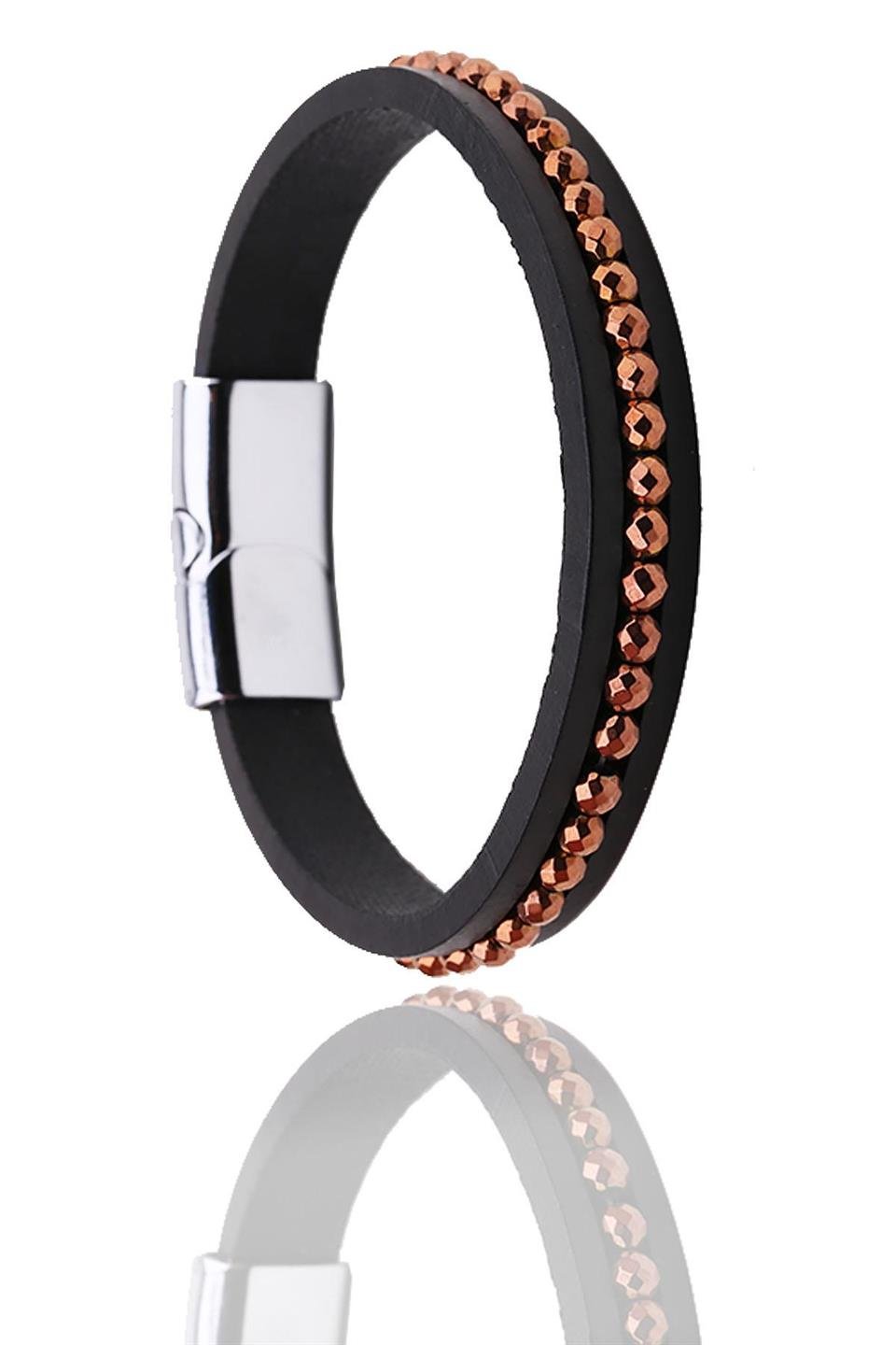 Siyah Bakır Motifli Deri Çelik Erkek Bileklik BLK1641