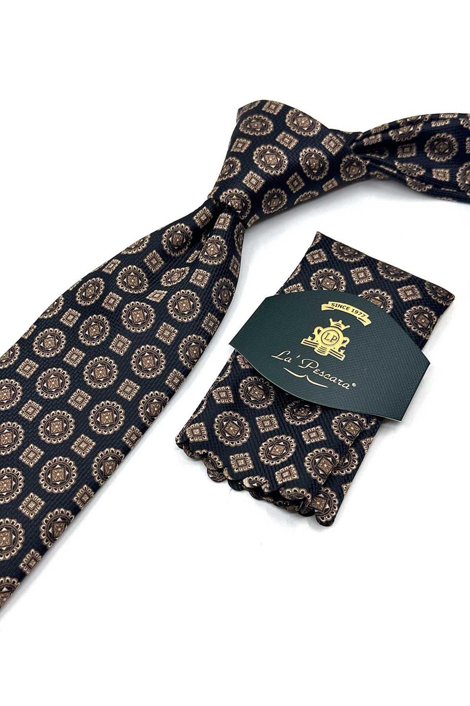 Siyah - Bej Motif Desen Mendilli Klasik Kravat KK13536