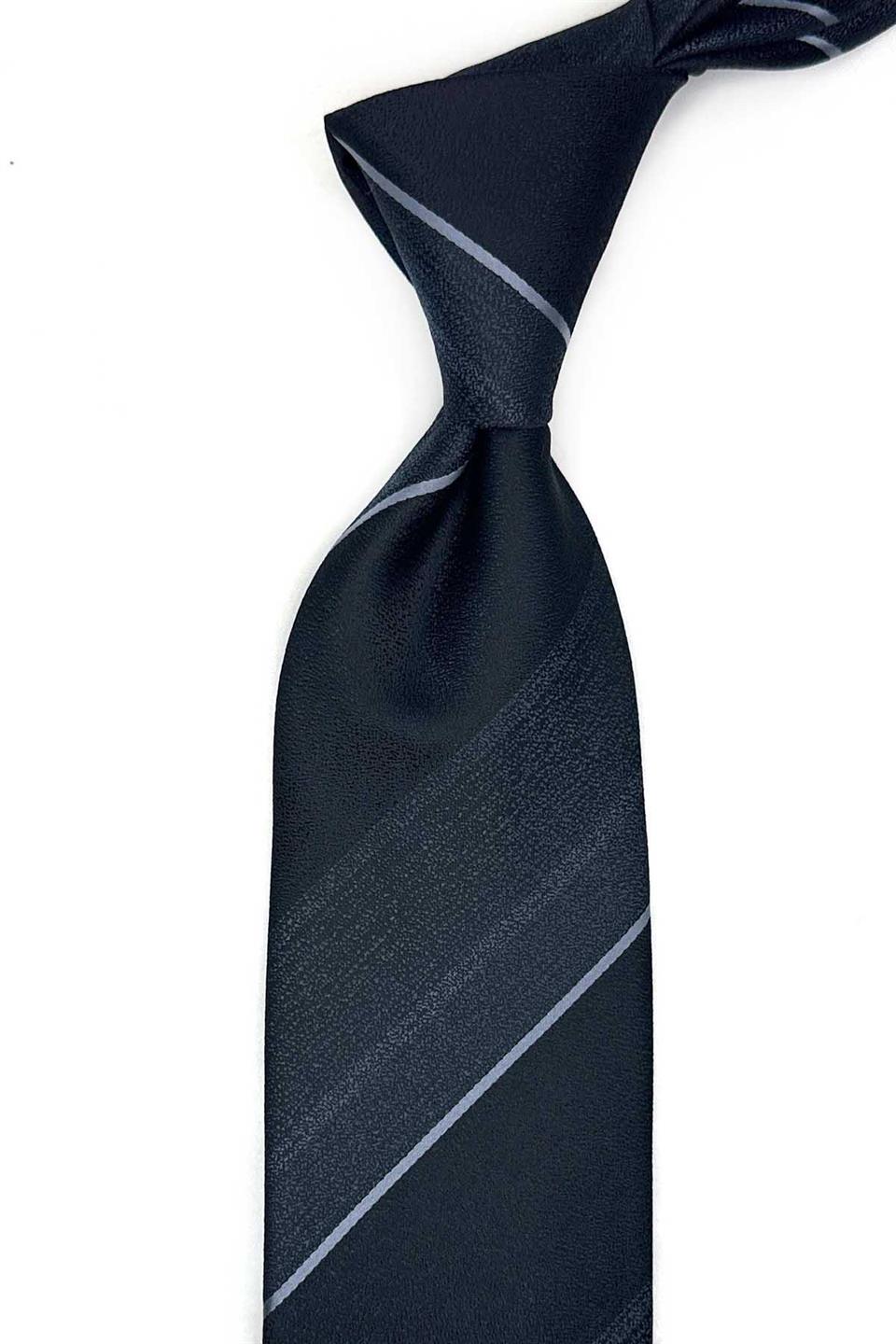 Siyah - Beyaz Çizgi Desen Mendilli Klasik Kravat KK13669