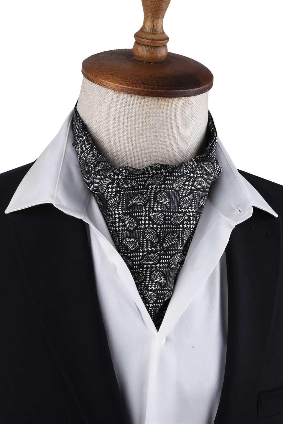 Siyah - Beyaz Şal Desen İtalyan İpek Erkek Ascot K621