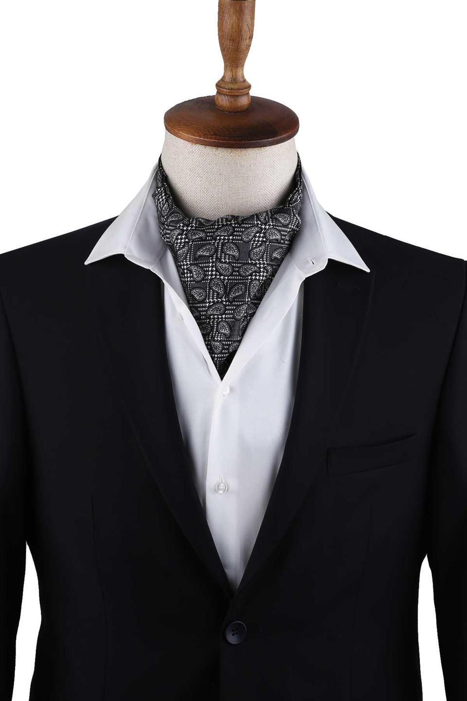 Siyah - Beyaz Şal Desen İtalyan İpek Erkek Ascot K621