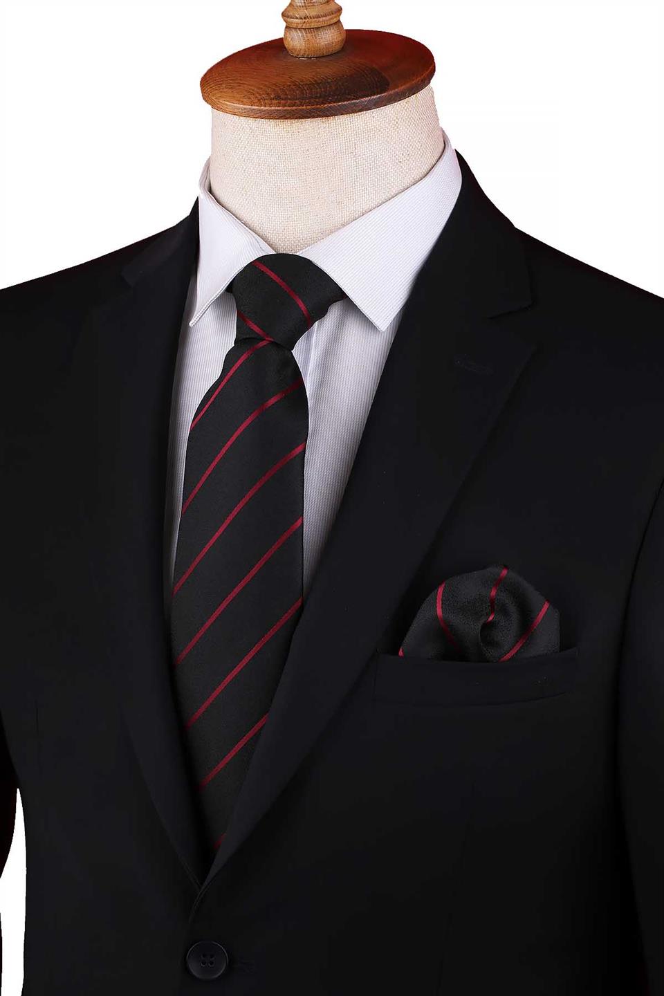Siyah - Bordo Çizgi Desen Mendilli Klasik Kravat KK13204
