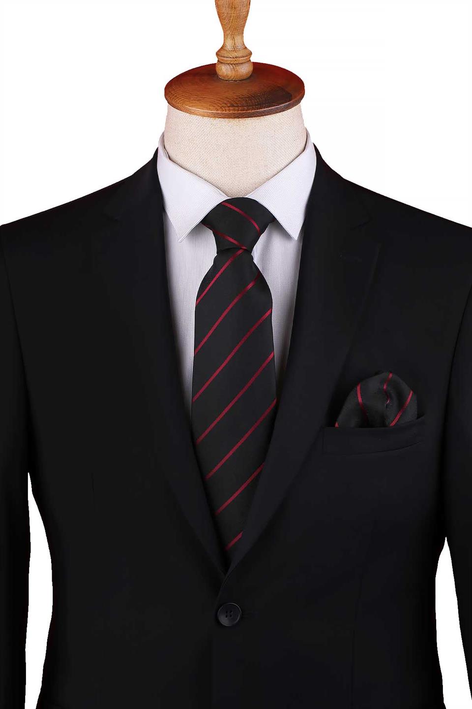 Siyah - Bordo Çizgi Desen Mendilli Klasik Kravat KK13204