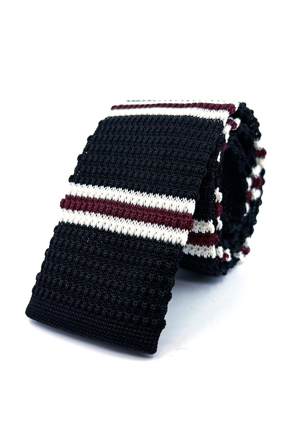 Siyah - Bordo Çizgili Örgü Kravat ÖR8375