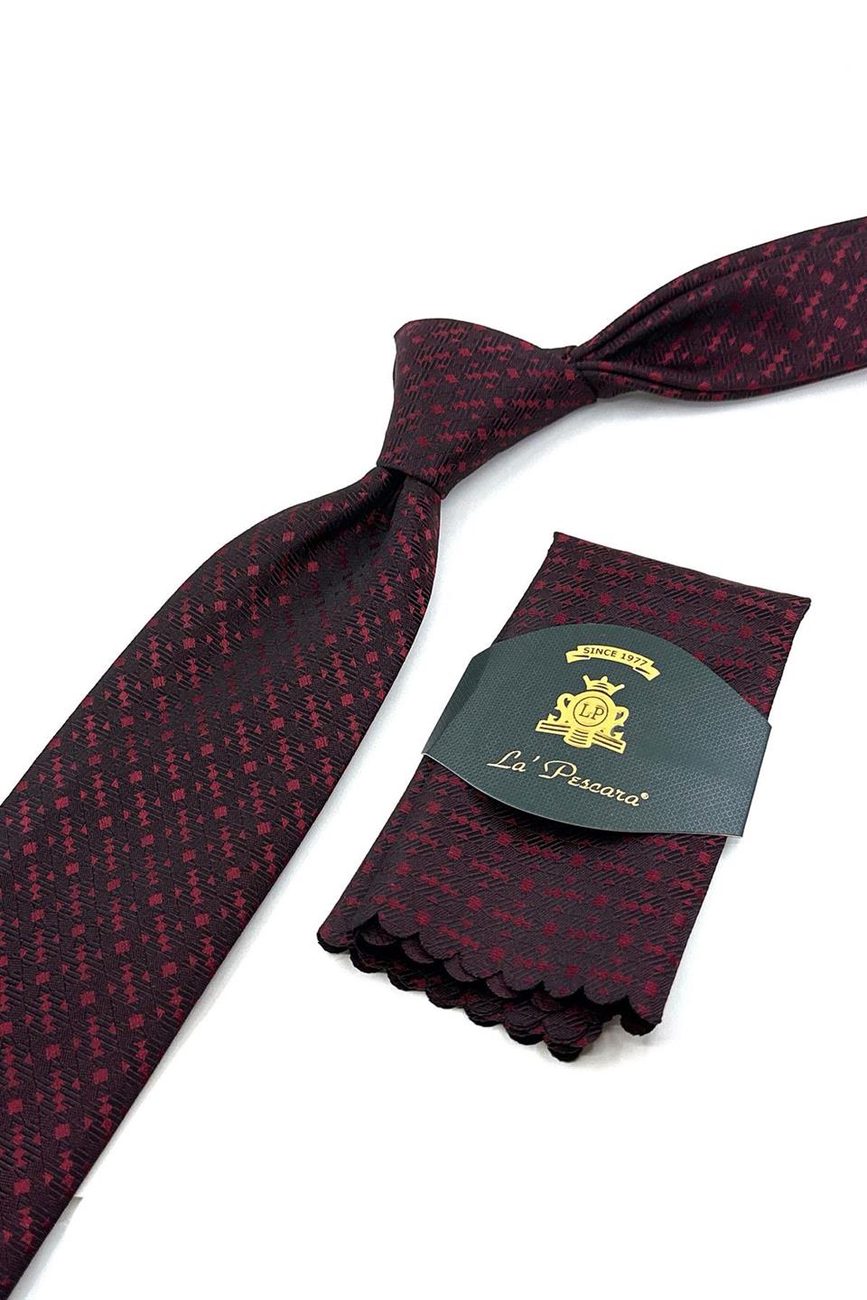 Siyah - Bordo Motif Desen Mendilli Klasik Kravat KK12009