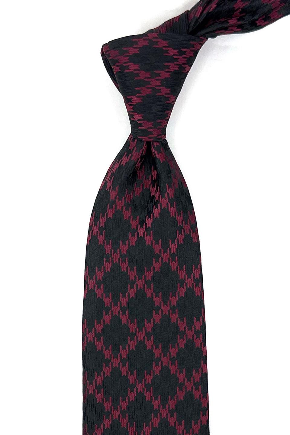 Siyah - Bordo Motif Desen Mendilli Klasik Kravat KK12032