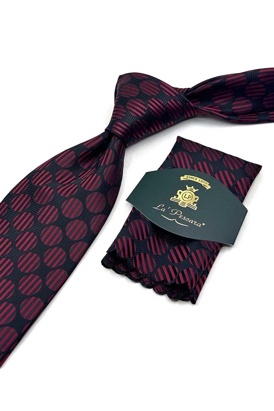 Siyah - Bordo Puantiye Desen Mendilli Klasik Kravat KK13617