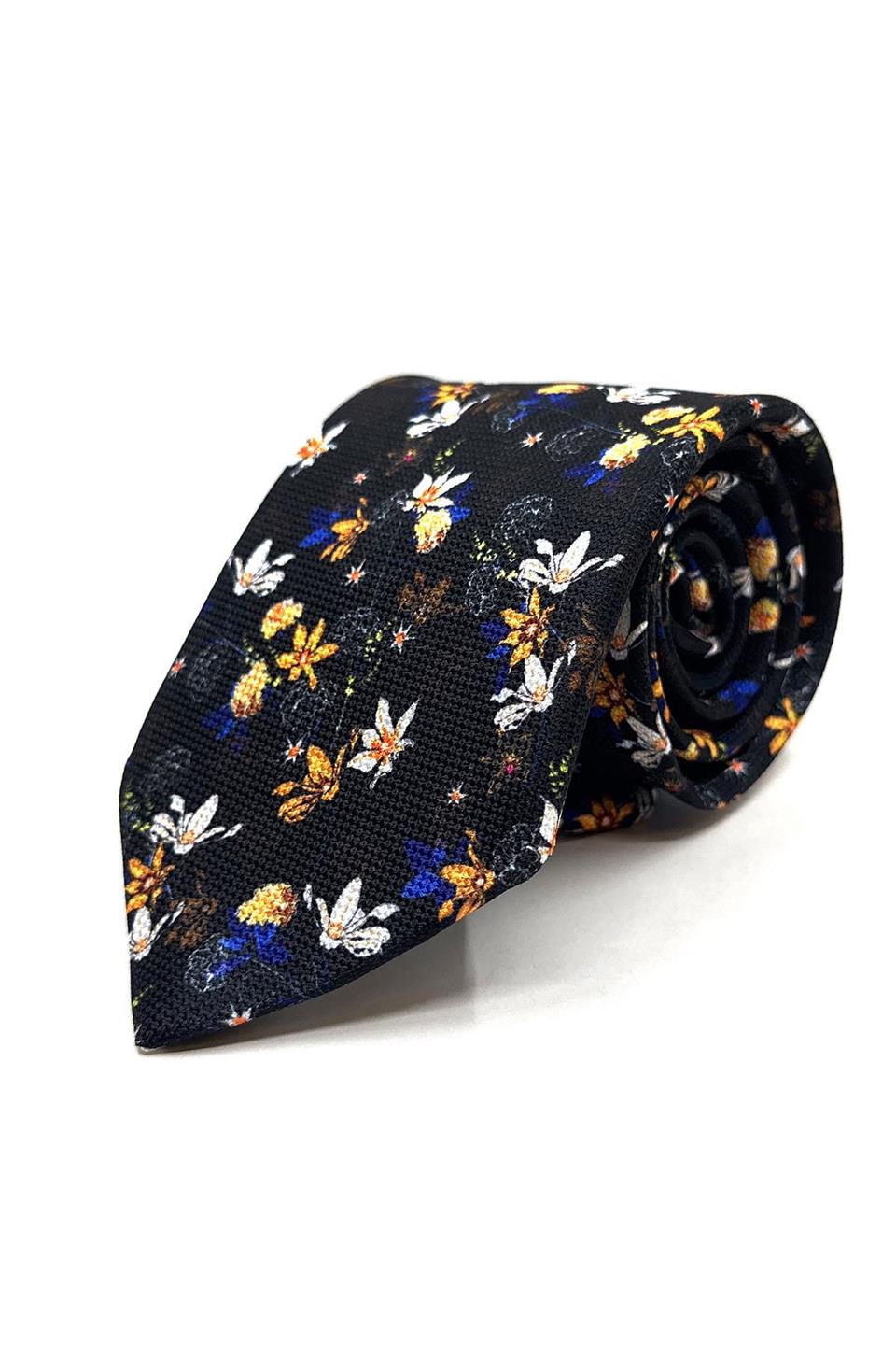 Siyah Çiçek Desen Mendilli Klasik Kravat KK11785
