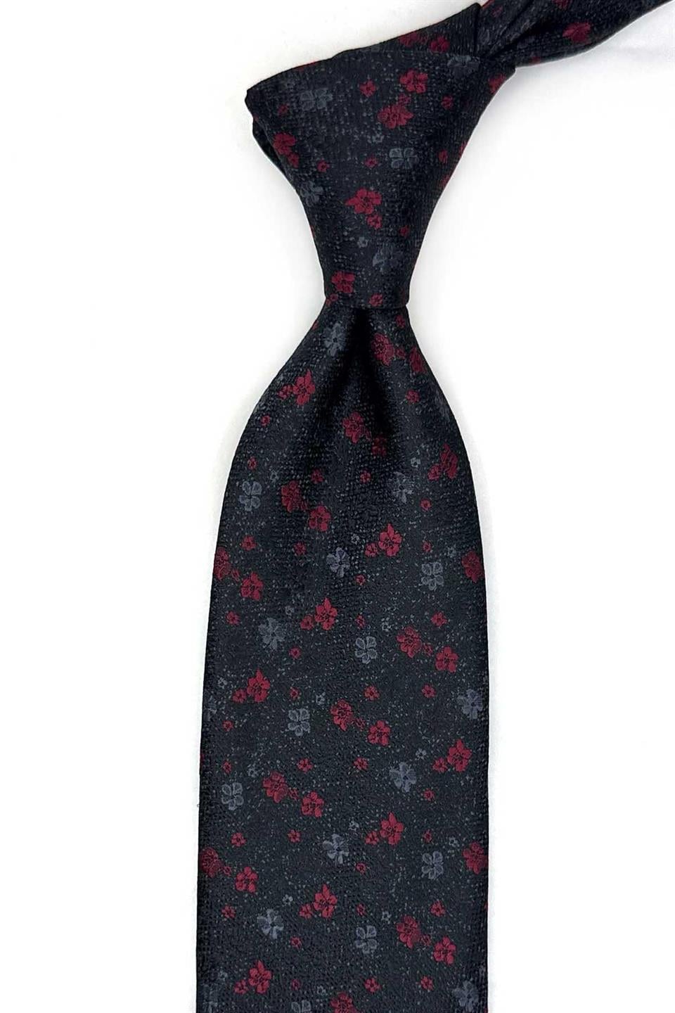 Siyah Çiçek Desen Mendilli Klasik Kravat KK13439