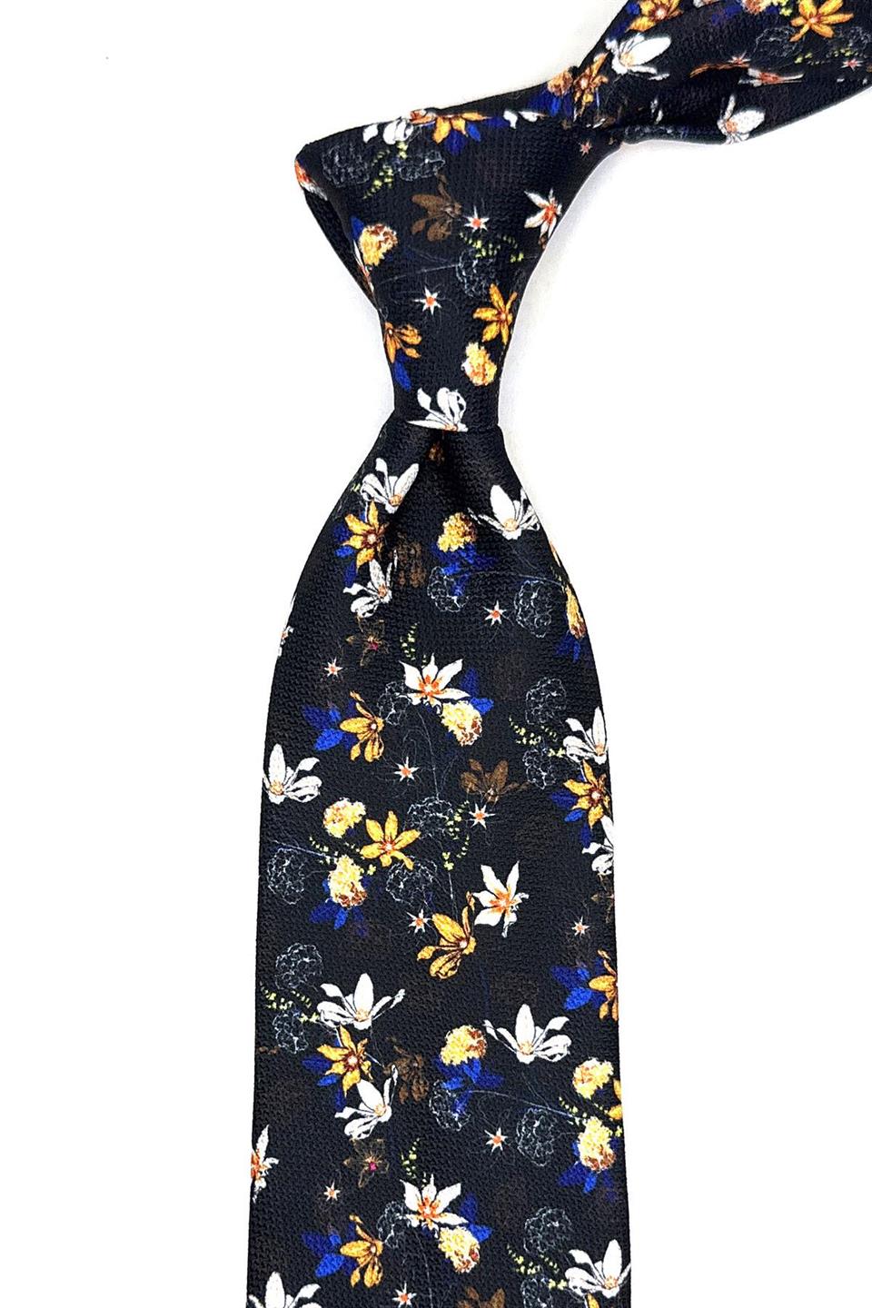 Siyah Çiçek Desen Mendilli Klasik Kravat KK11785
