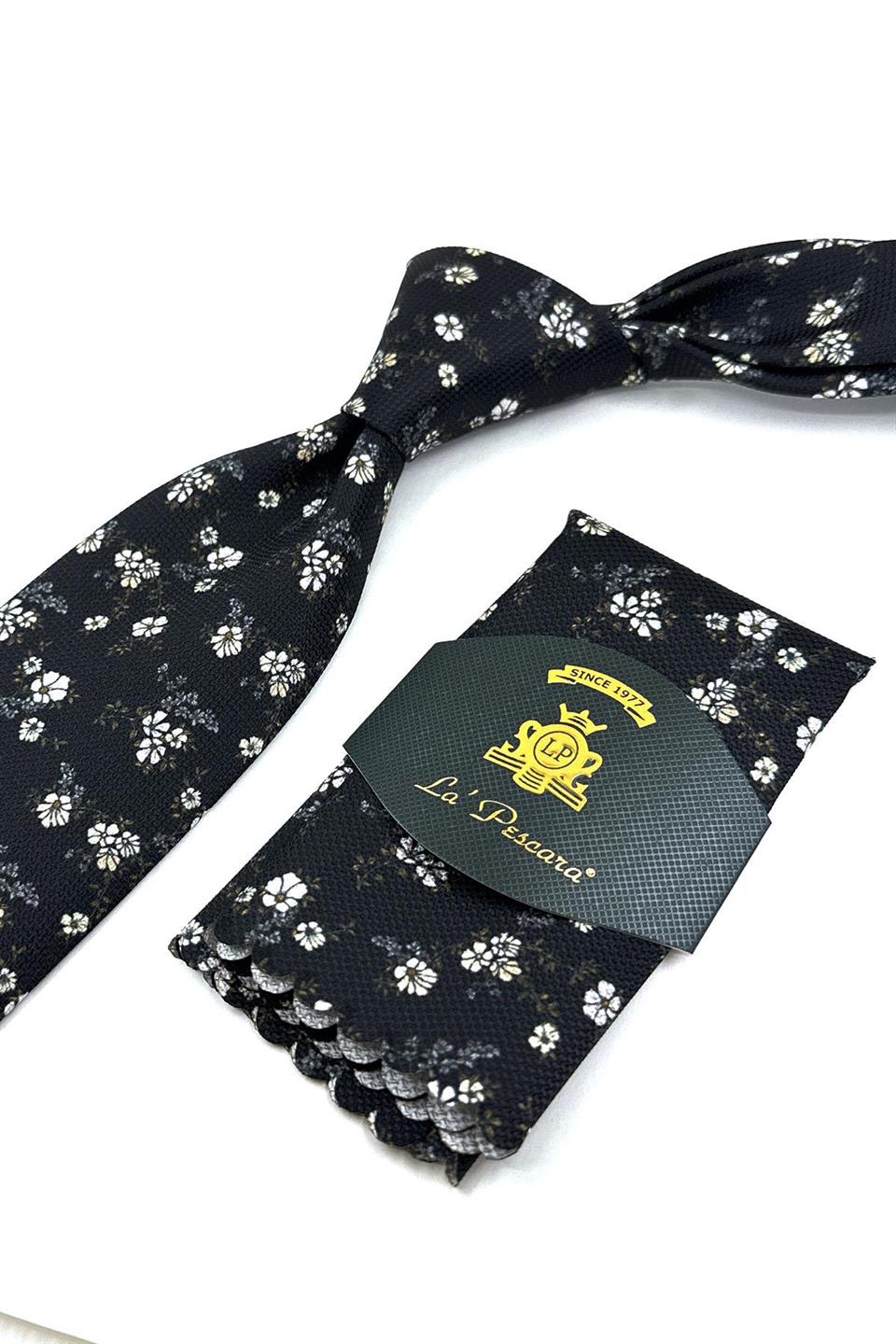Siyah Çiçek Desen Mendilli Klasik Kravat KK11944