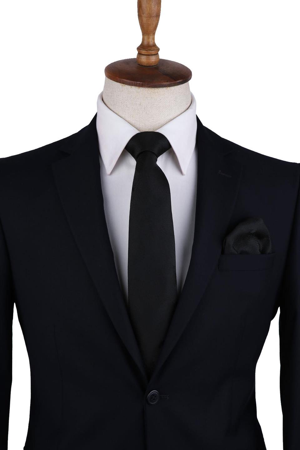 Siyah Çiçek Desen Mendilli Klasik Kravat KK10479