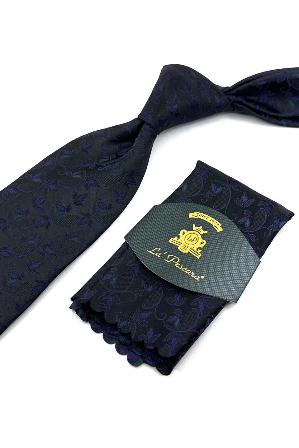 Siyah Çiçek Desen Mendilli Klasik Kravat KK12038