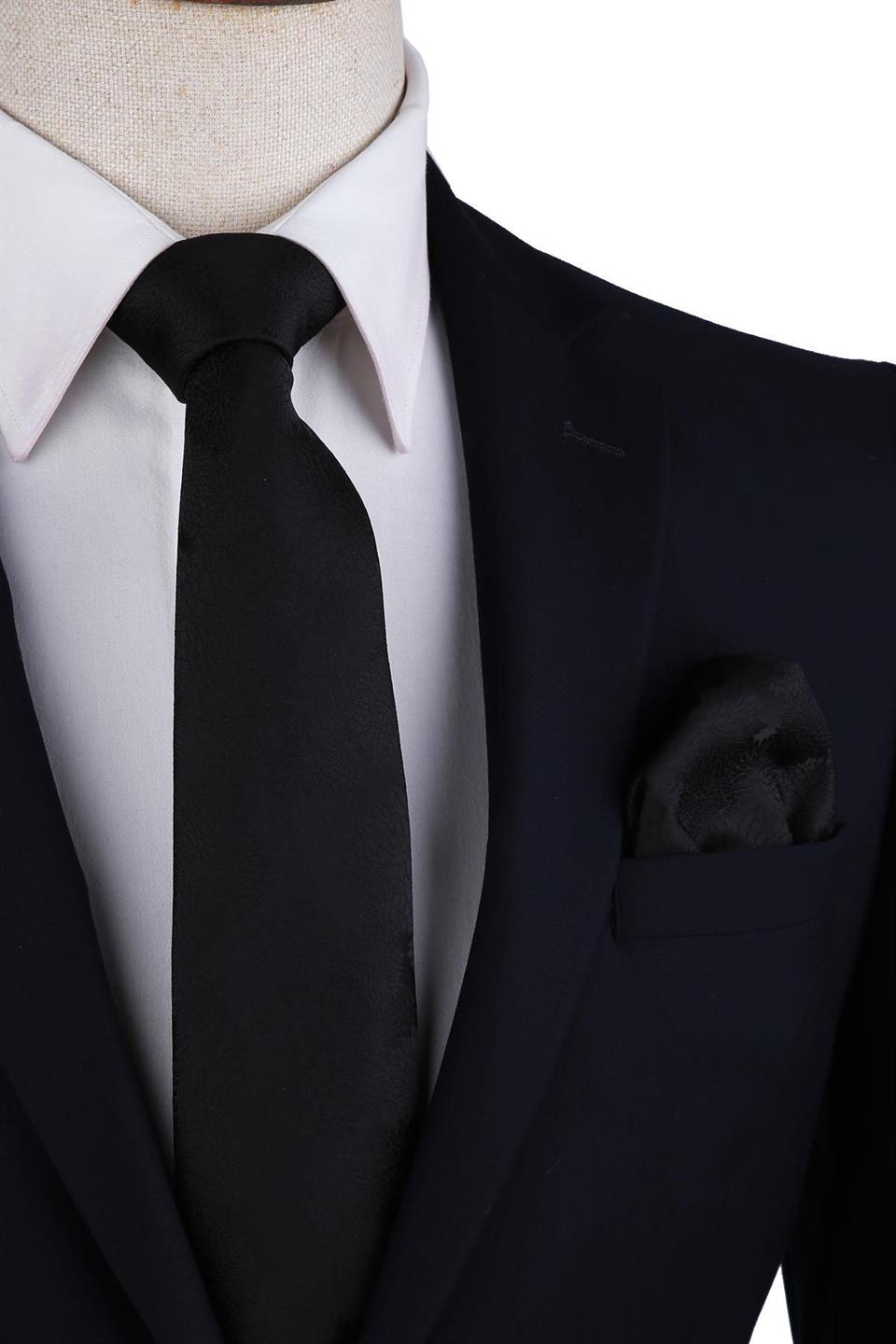 Siyah Çiçek Desen Mendilli Klasik Kravat KK10479