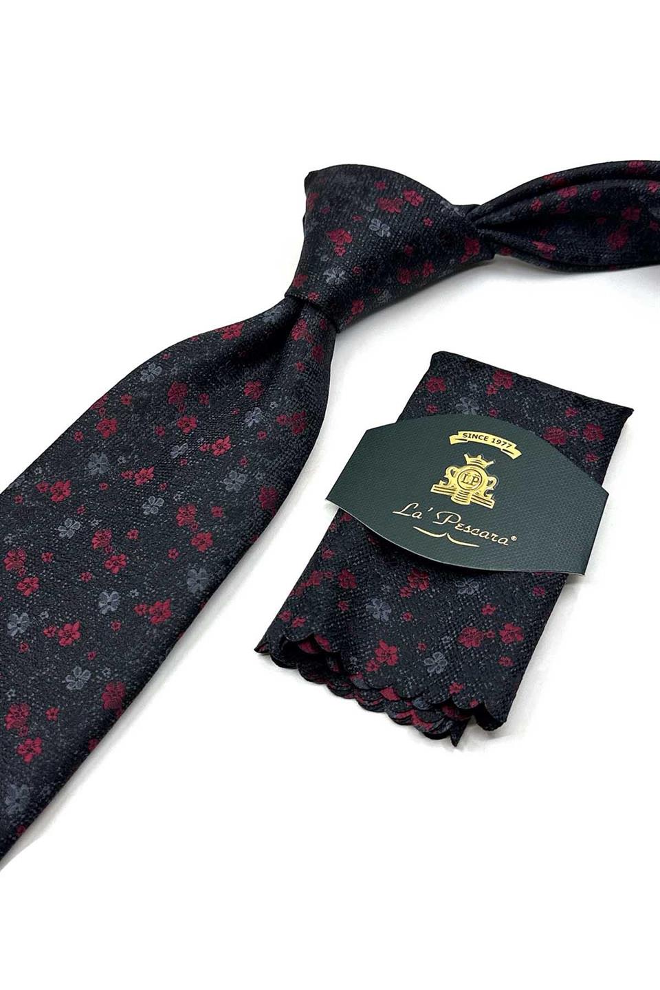 Siyah Çiçek Desen Mendilli Klasik Kravat KK13439