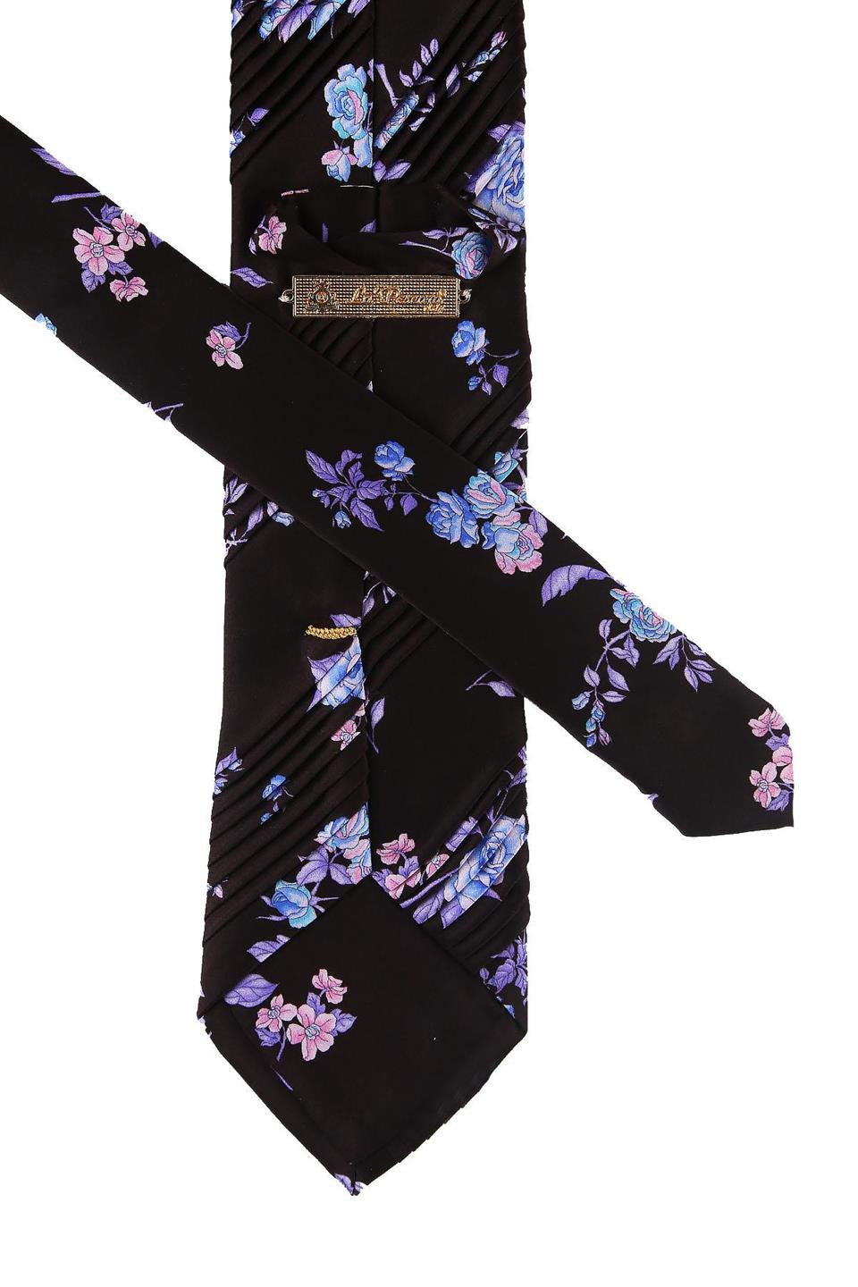 Siyah Çiçek Desen Piliseli İpek Kravat EST144
