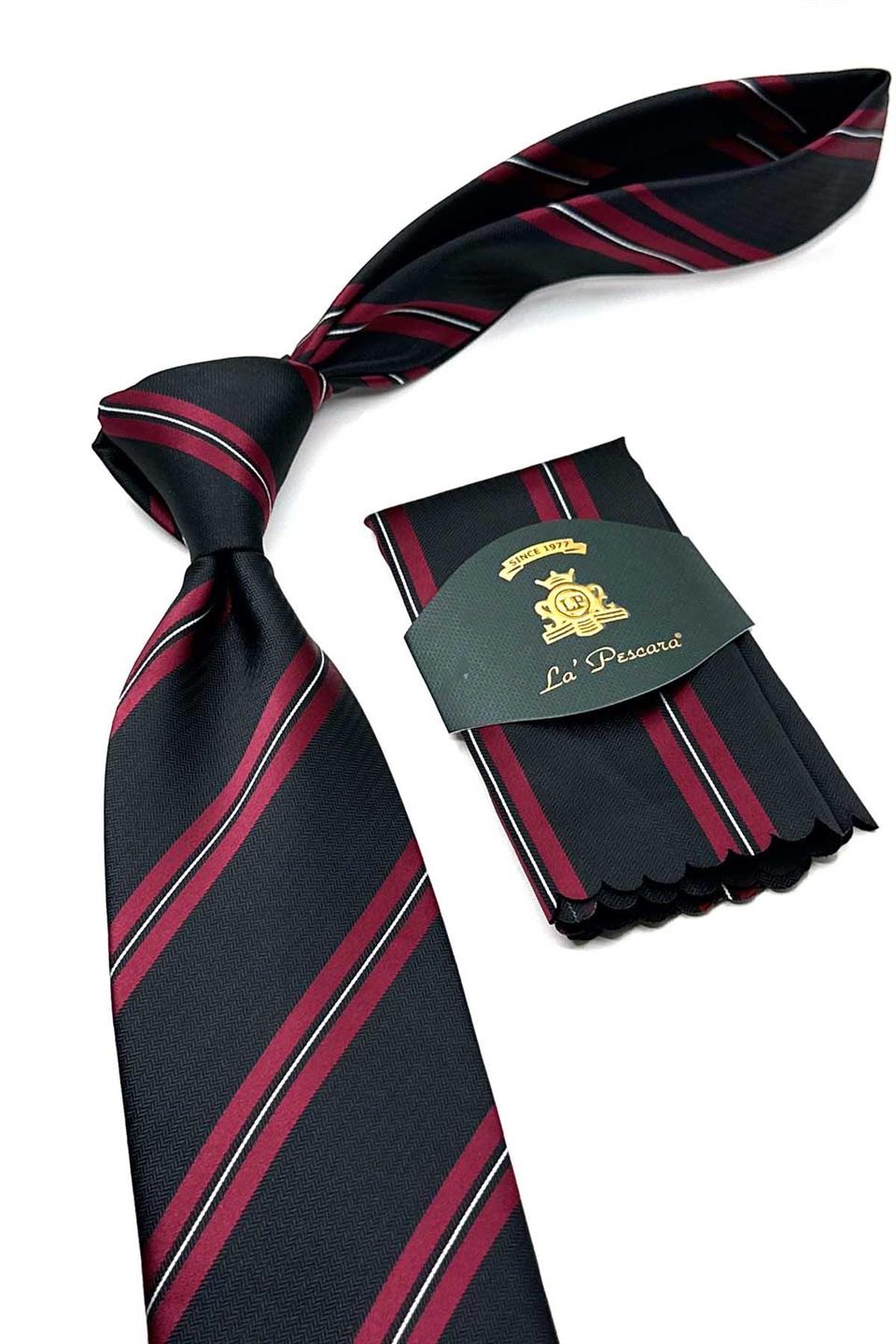 Siyah Çizgi Desen Mendilli Klasik Kravat KK12826