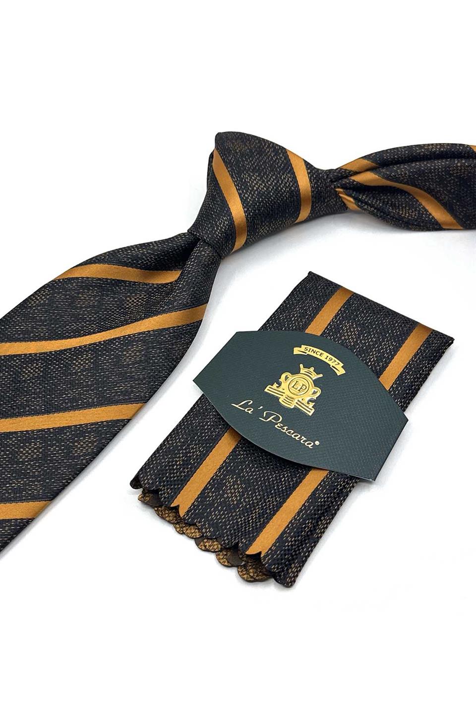 Siyah Çizgi Desen Mendilli Klasik Kravat KK12667