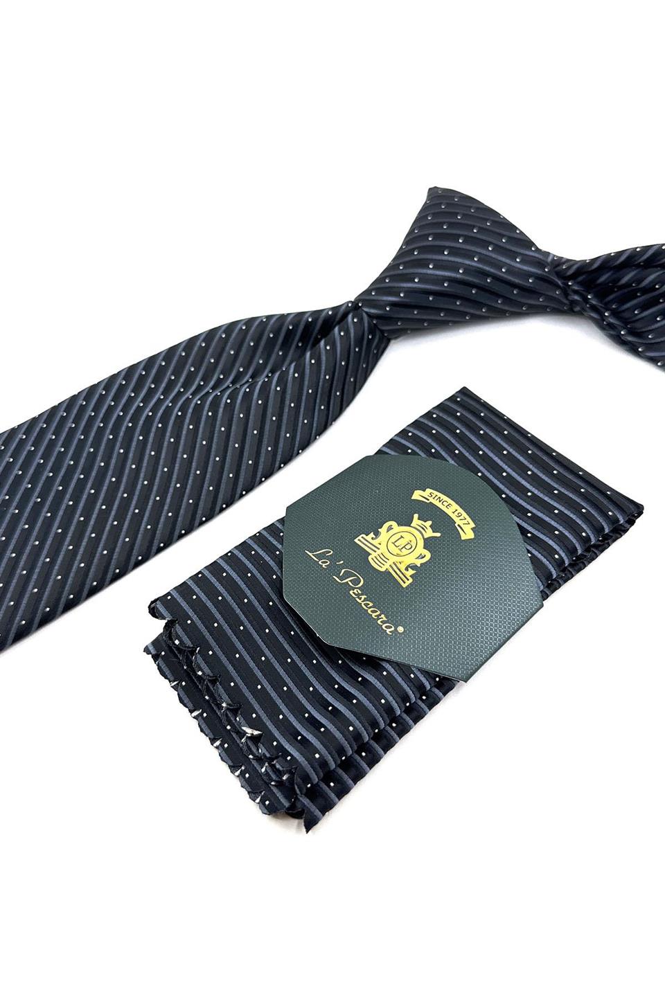 Siyah Çizgi Desen Mendilli Klasik Kravat KK11909