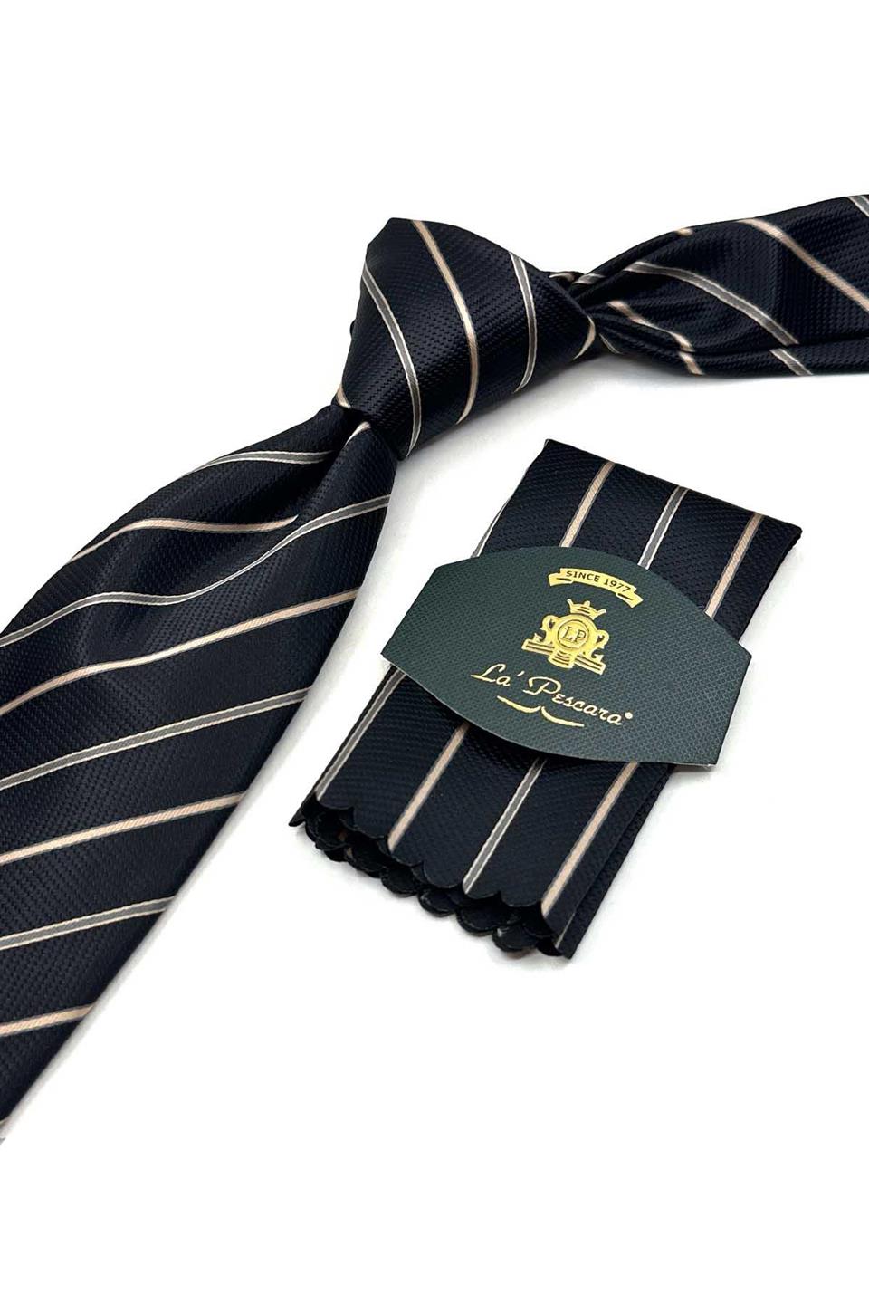 Siyah Çizgi Desen Mendilli Klasik Kravat KK13686