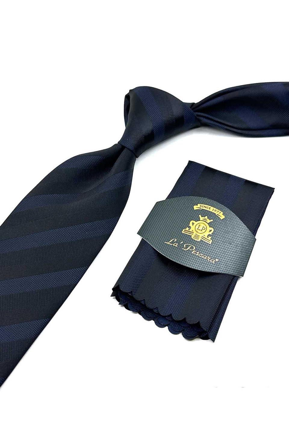 Siyah Çizgi Desen Mendilli Klasik Kravat KK12576