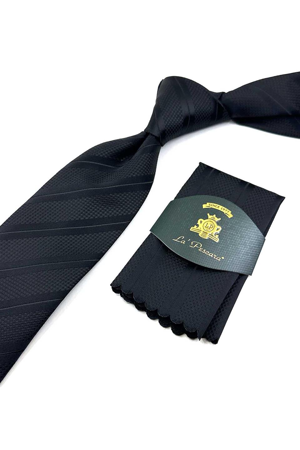 Siyah Çizgi Desen Mendilli Klasik Kravat KK12695