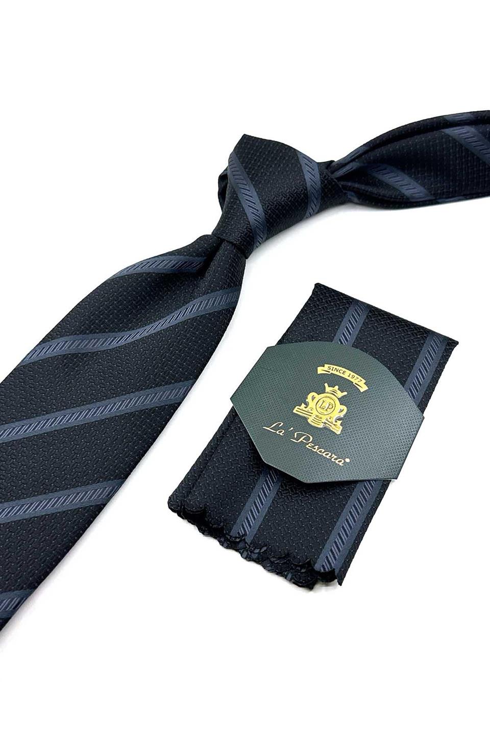 Siyah Çizgi Desen Mendilli Klasik Kravat KK12620