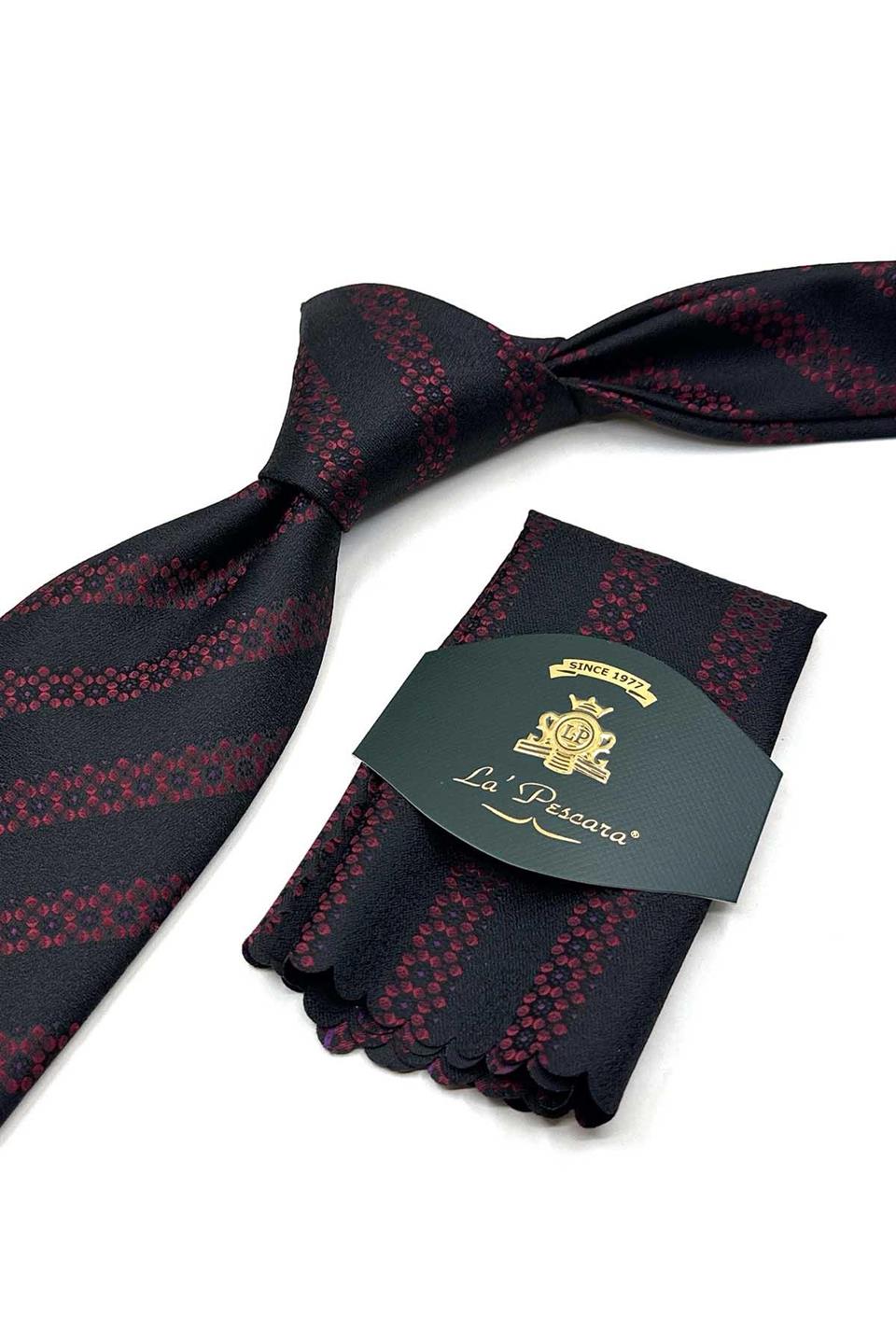 Siyah Çizgi Desen Mendilli Klasik Kravat KK13463