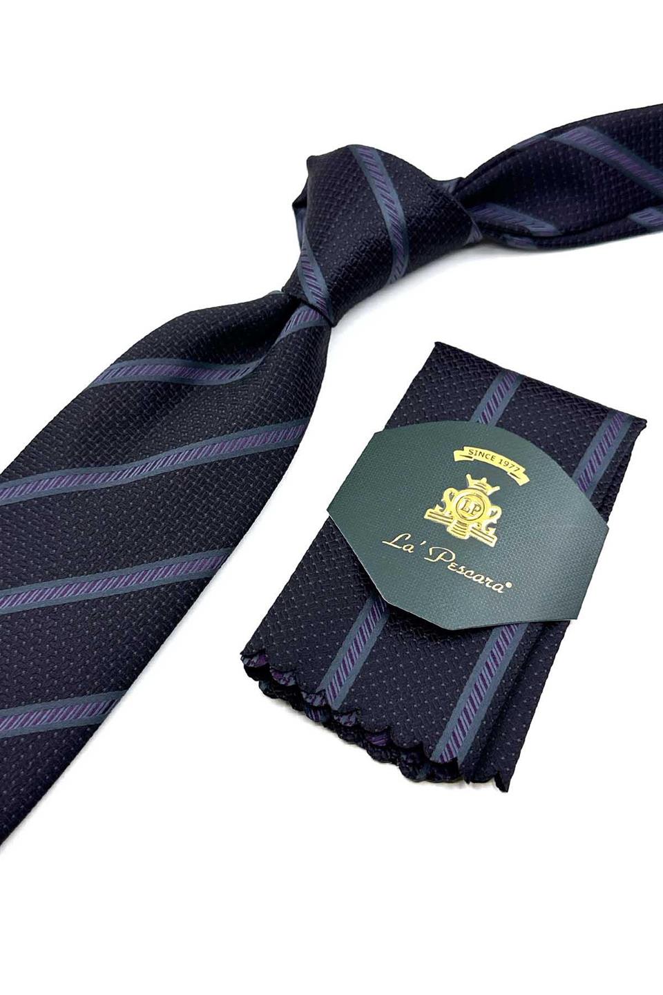 Siyah Çizgi Desen Mendilli Klasik Kravat KK12622