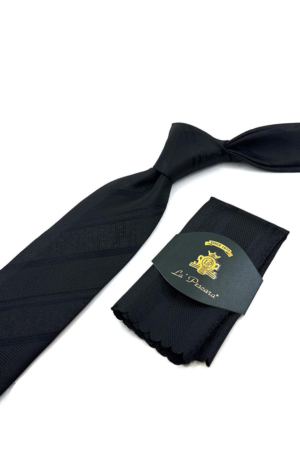 Siyah Çizgi Desen Mendilli Klasik Kravat KK12019