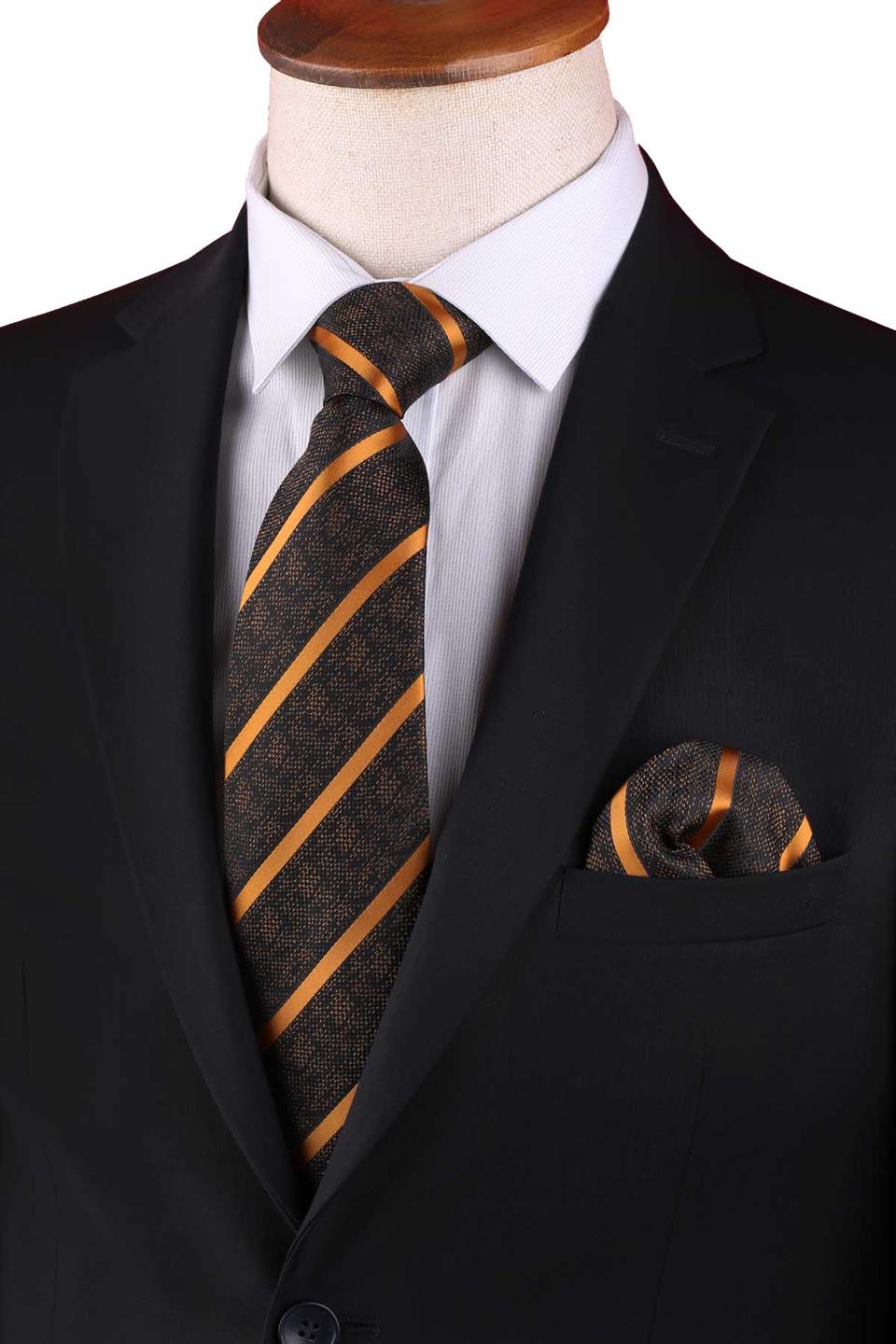 Siyah Çizgi Desen Mendilli Klasik Kravat KK12667