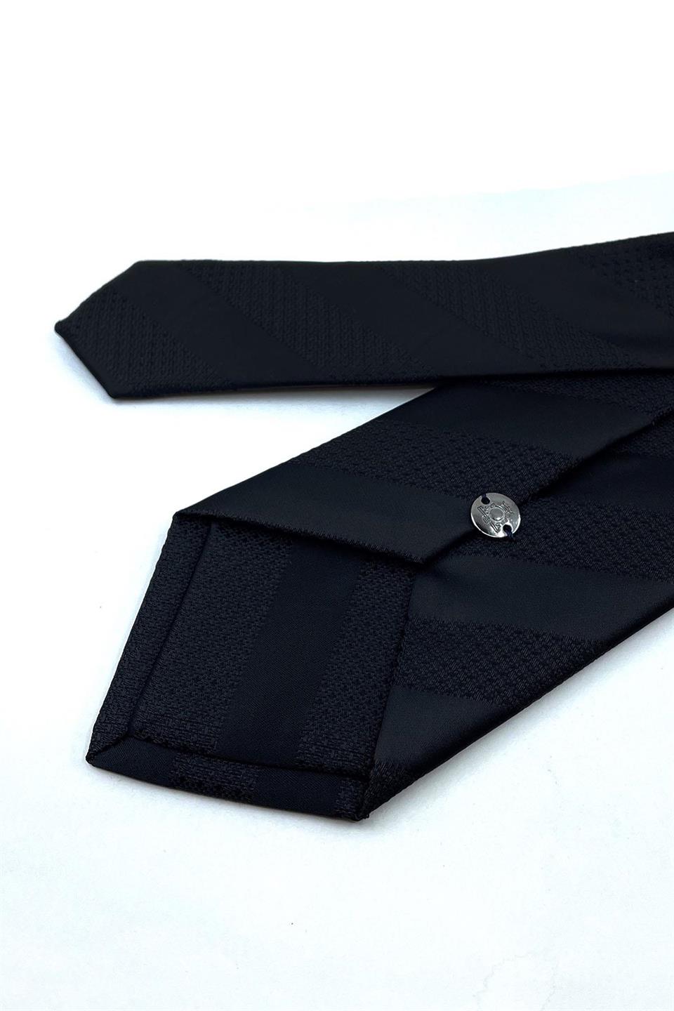 Siyah Çizgi Desen Mendilli Klasik Kravat KK10988
