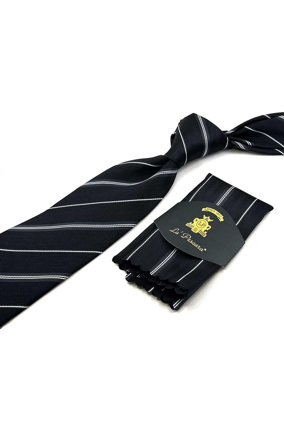 Siyah Çizgi Desen Mendilli Klasik Kravat KK12497