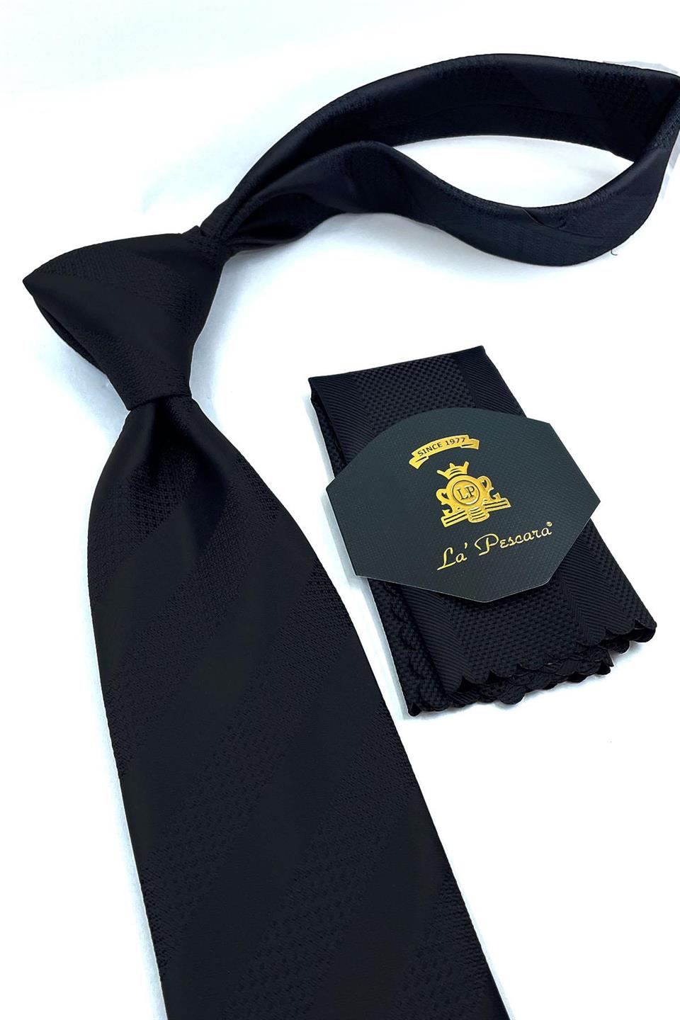 Siyah Çizgi Desen Mendilli Klasik Kravat KK10988