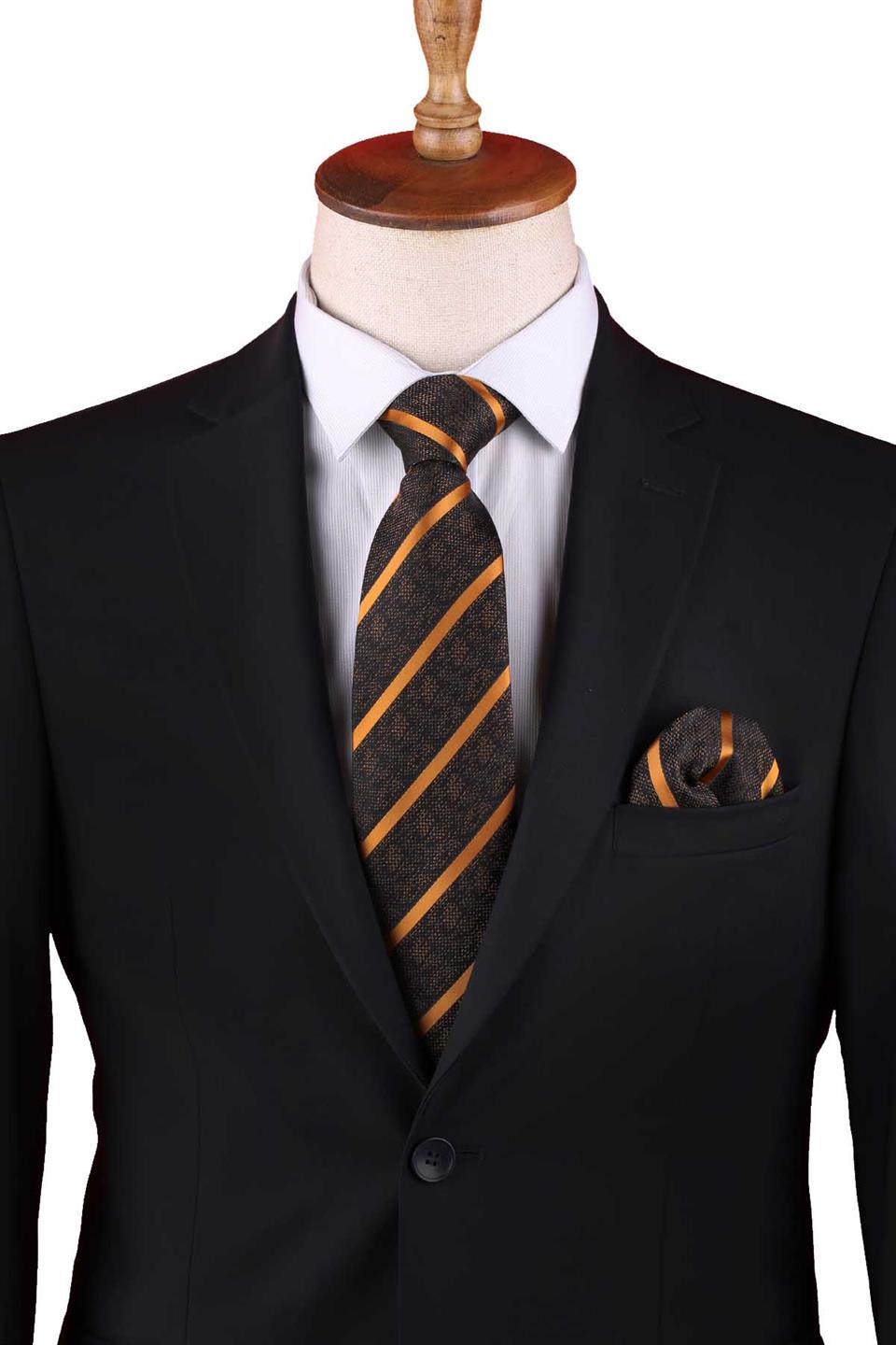 Siyah Çizgi Desen Mendilli Klasik Kravat KK12667