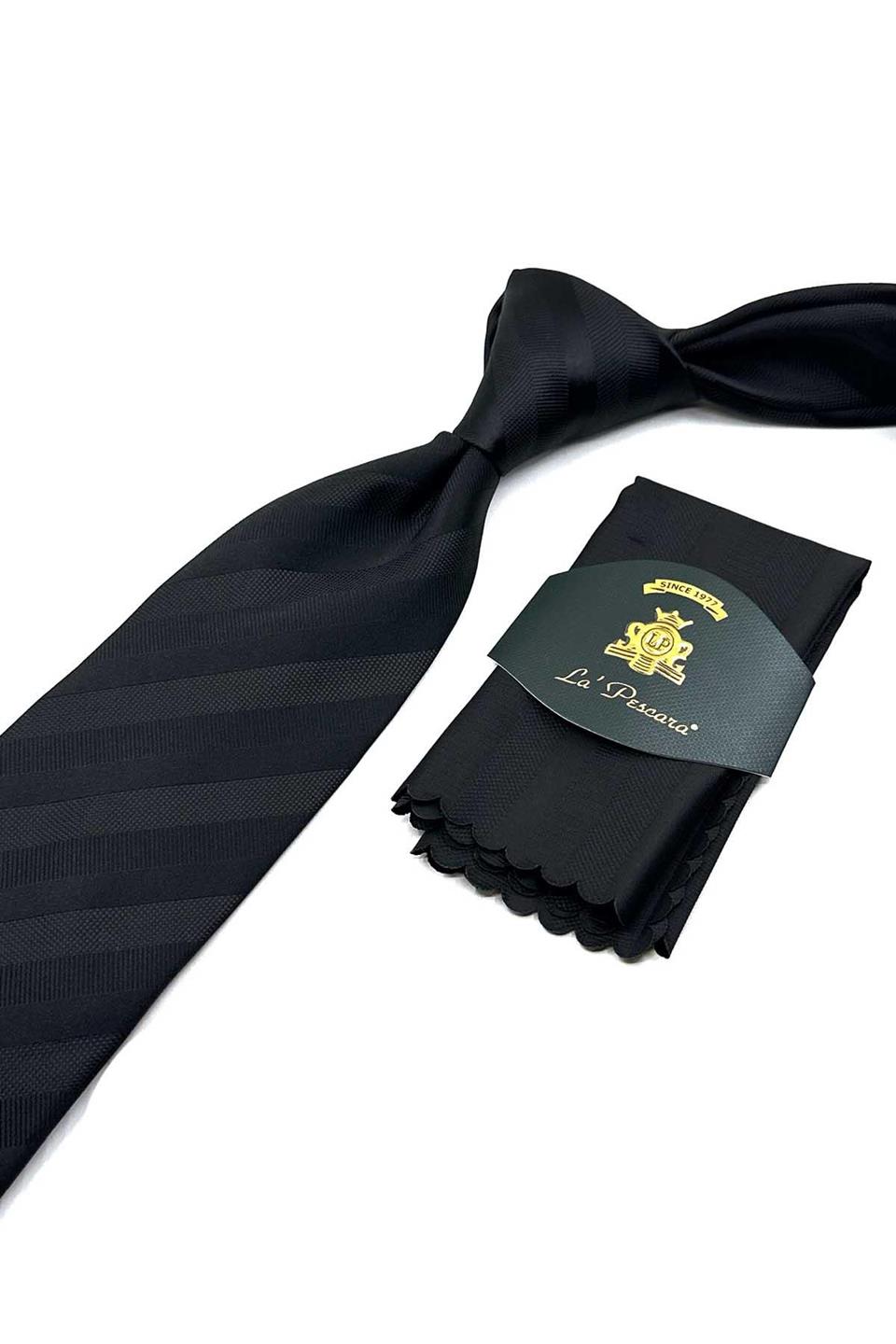 Siyah Çizgi Desen Mendilli Klasik Kravat KK12578