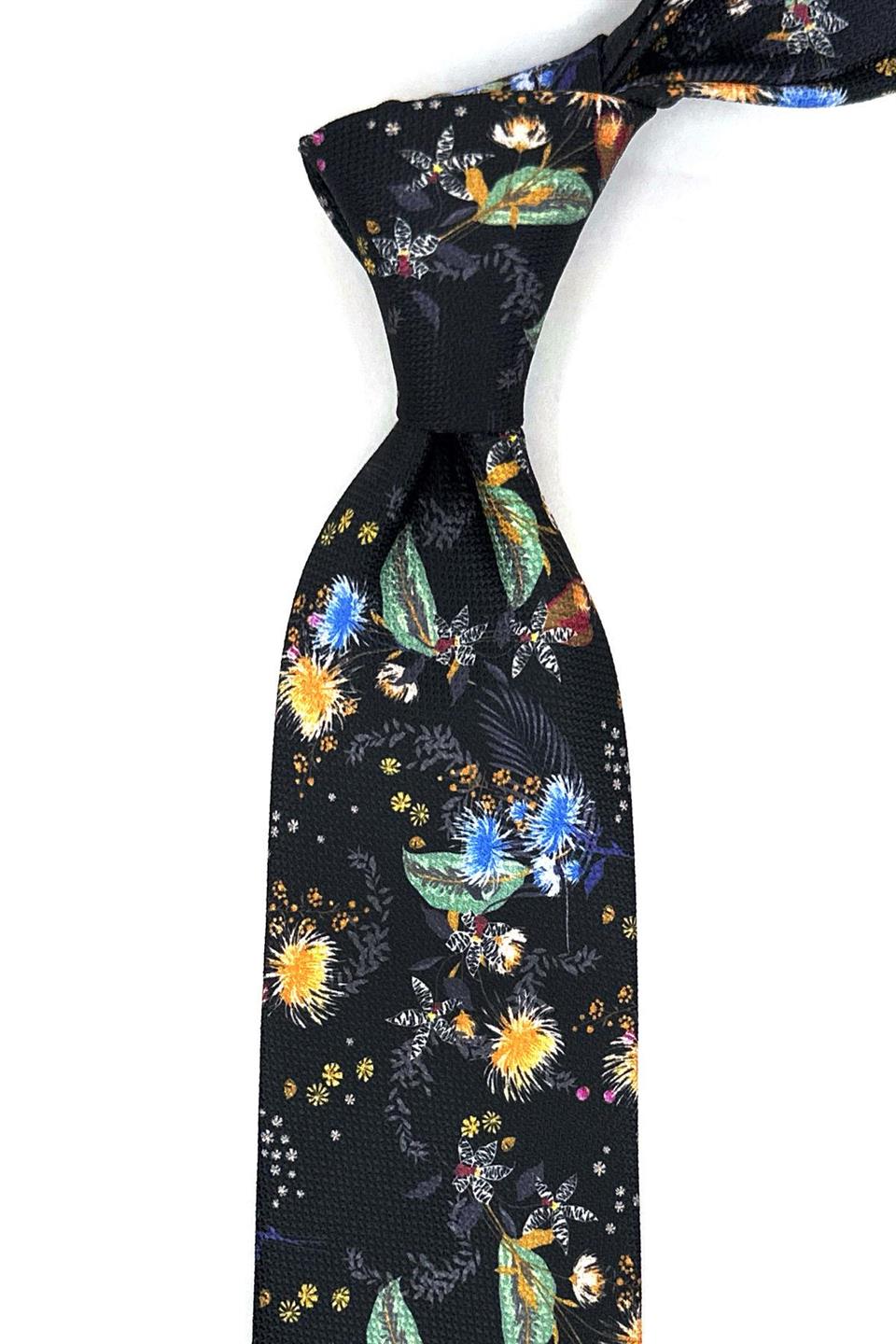 Siyah - Çok Renkli Çiçek Desen Mendilli Klasik Kravat KK11936