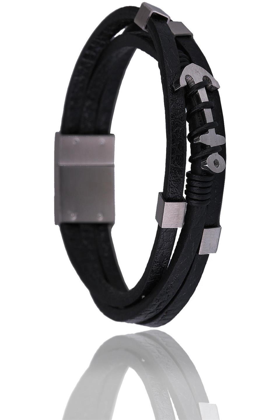 Siyah Deri Çelik Erkek Bileklik BLK1508