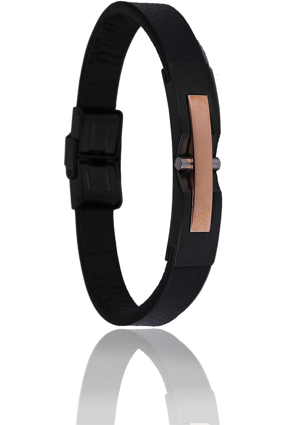 Siyah Deri Çelik Erkek Bileklik BLK1515