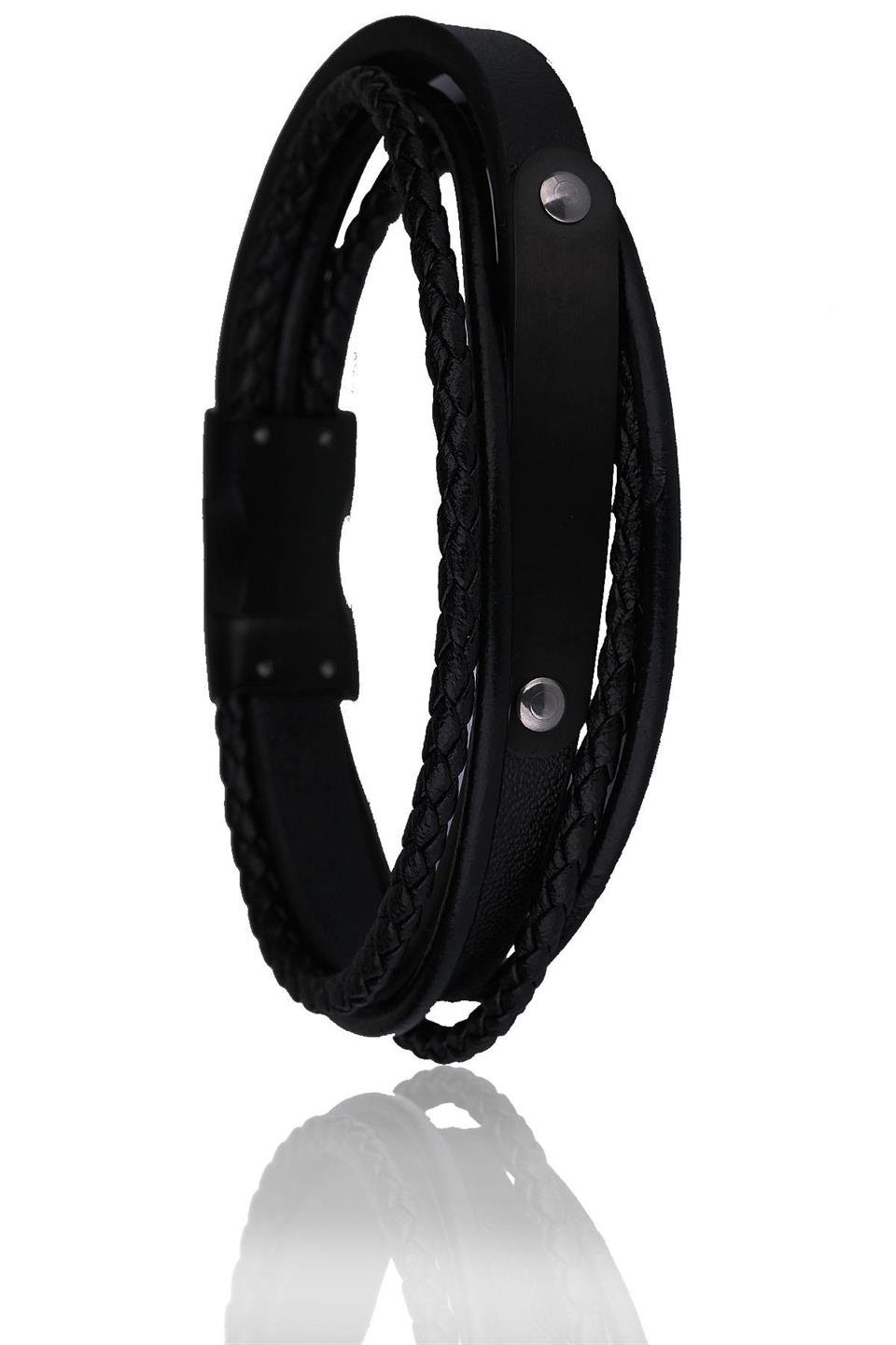 Siyah Deri Çelik Erkek Bileklik BLK1521