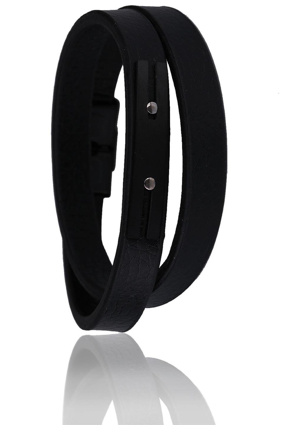Siyah Deri Çelik Erkek Bileklik BLK1529